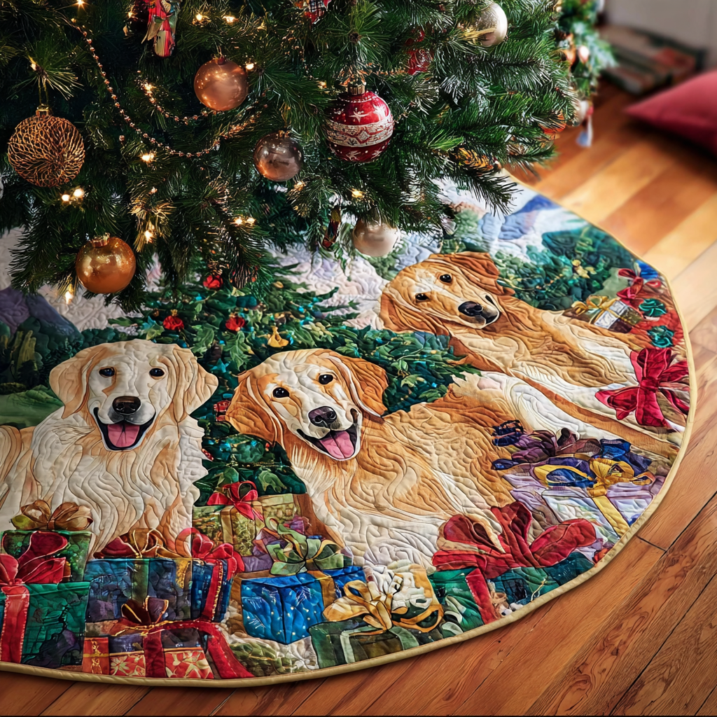 Golden Retrievers Joy Christmas Quilted Tree Skirt Xmas Tree Decor Gifts With Golden Retrievers On Them