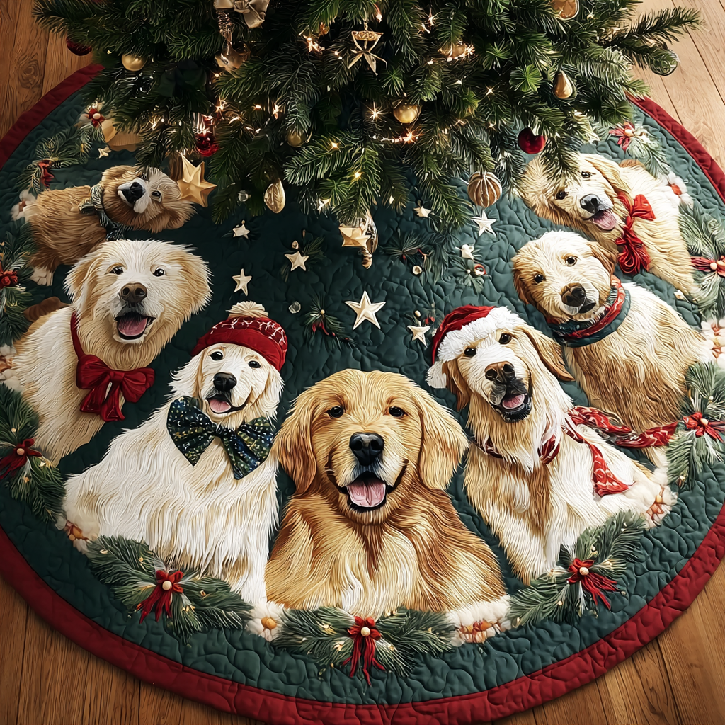 Golden Retrievers Magic Christmas Quilted Tree Skirt Xmas Home Decor Christmas Gifts For Golden Retriever