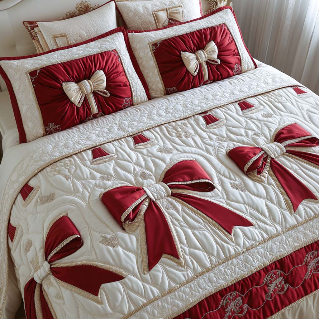 Golden Ribbon Charm Quilted Bedding Set Xmas Duvet Sets Christmas Gifts For Mom