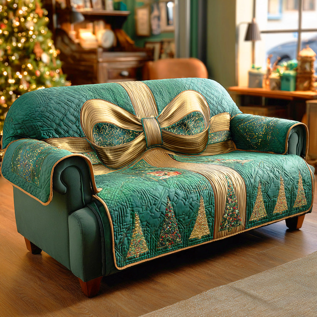 Golden Ribbon Charm Quilted Sofa Cover Living Room Winter Decor Good Family Gifts