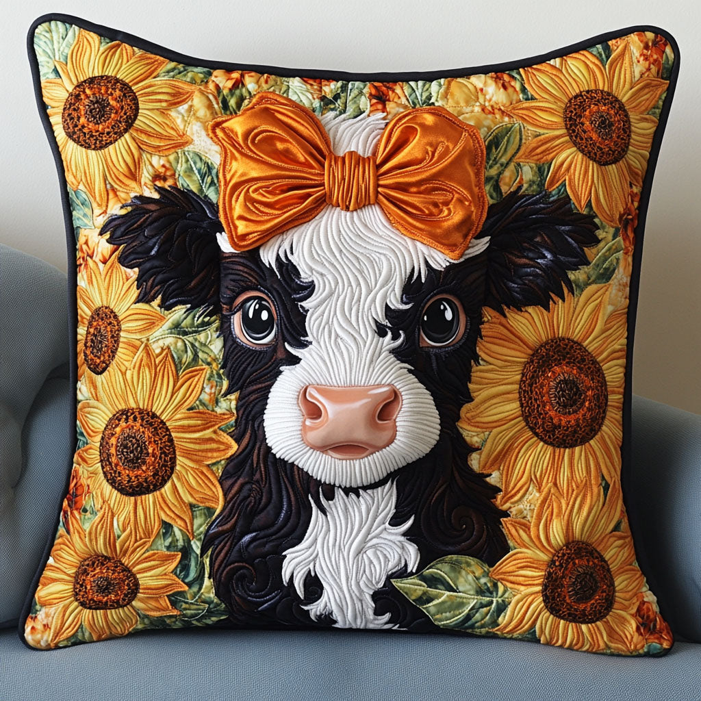 Golden Ribbon Moo Quilted Pillow Case Best Throw Pillow Covers Highland Cow Merchandise