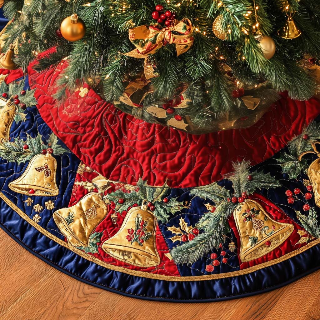 Golden Ribbons Christmas Quilted Tree Skirt Under-Tree Christmas Decor