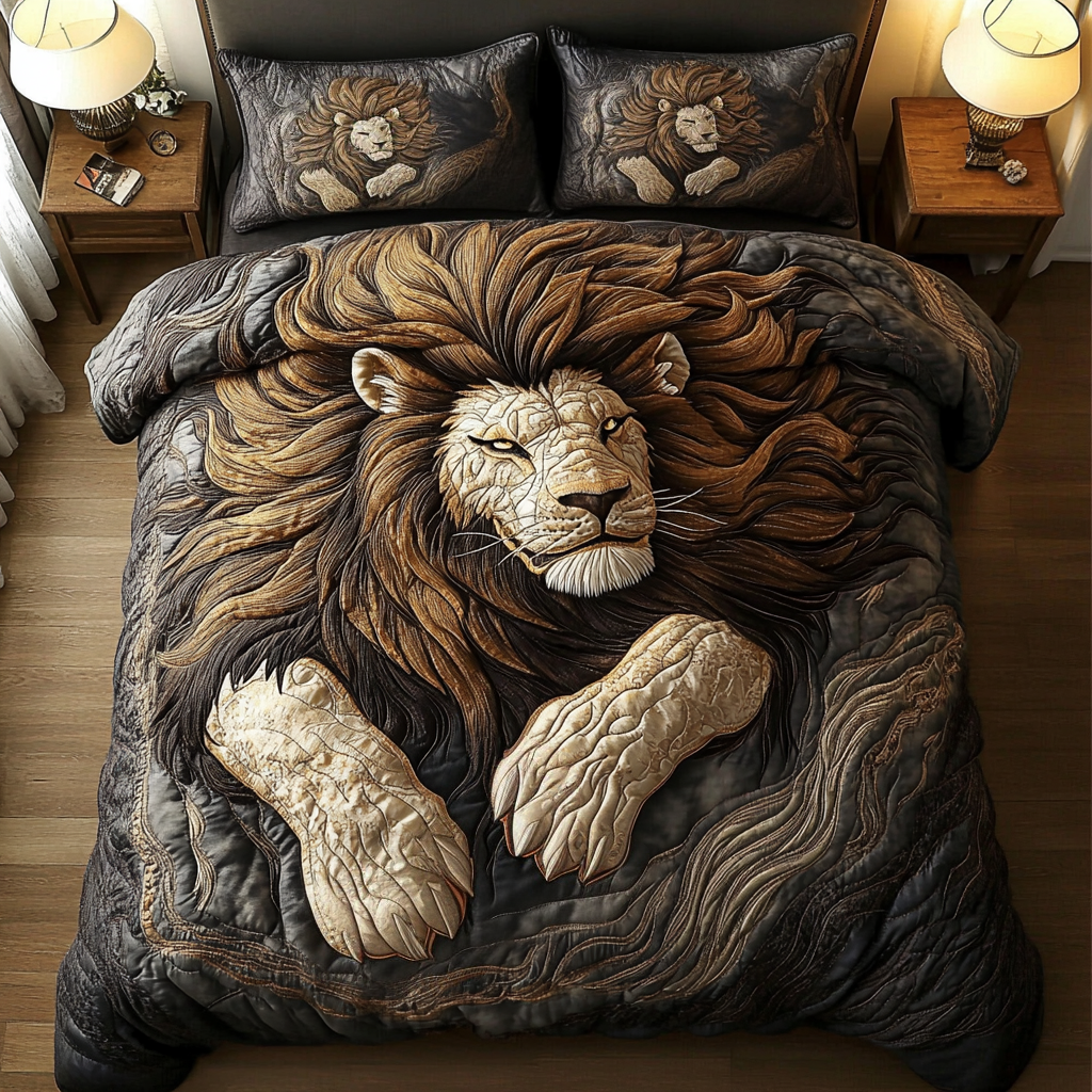 Golden Roar Quilted Bedding Set Aesthetic Room Decor Lion Lover Gift Ideas