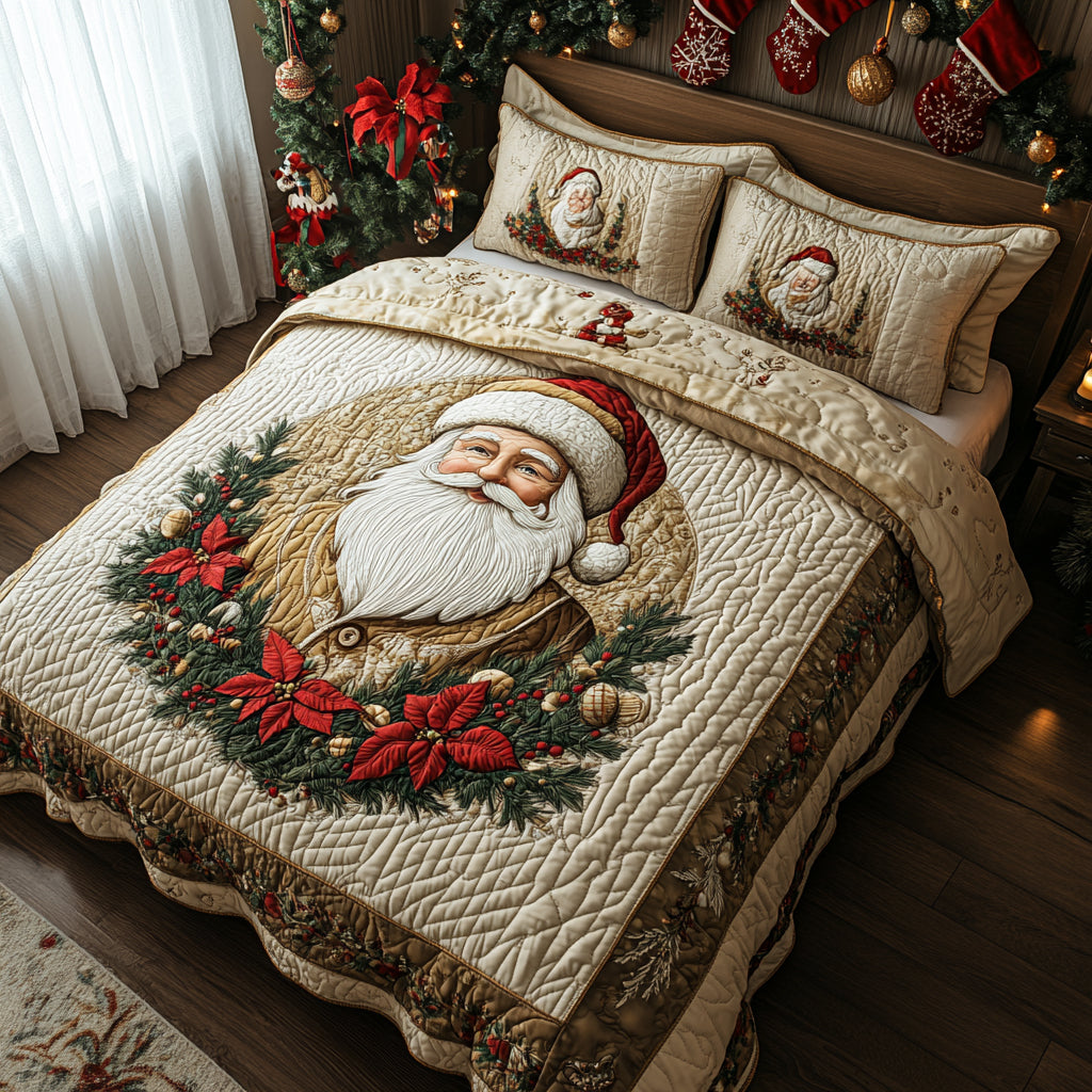 Golden Santa Quilted Bedding Set Christmas Holiday Bedroom Decor Festive Gift Ideas