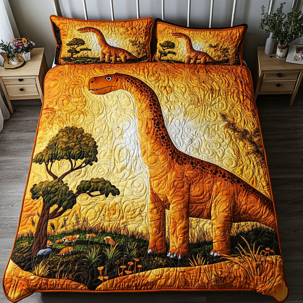 Golden Sauropod Quilted Bedding Set Cute Bedroom Decor Dinosaur Gift Ideas