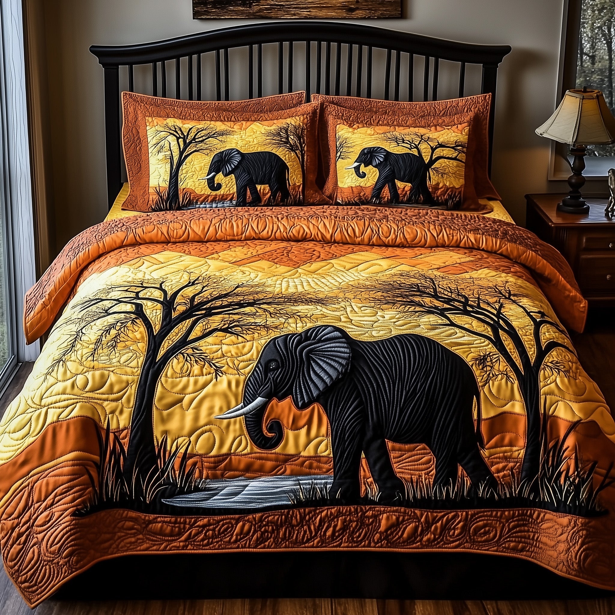 Golden Savanna Dreams Quilted Bedding Set Duvet Cover Bedspread Gift Items For Elephant Lovers