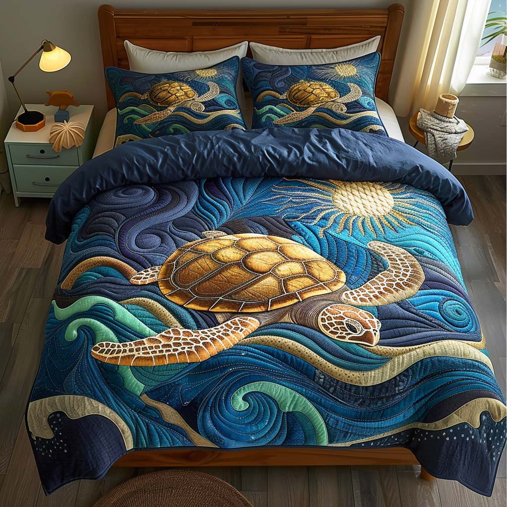 Golden Sea Turtle Quilted Bedding Set Bedspreads King Nature Inspired Gift For Parents