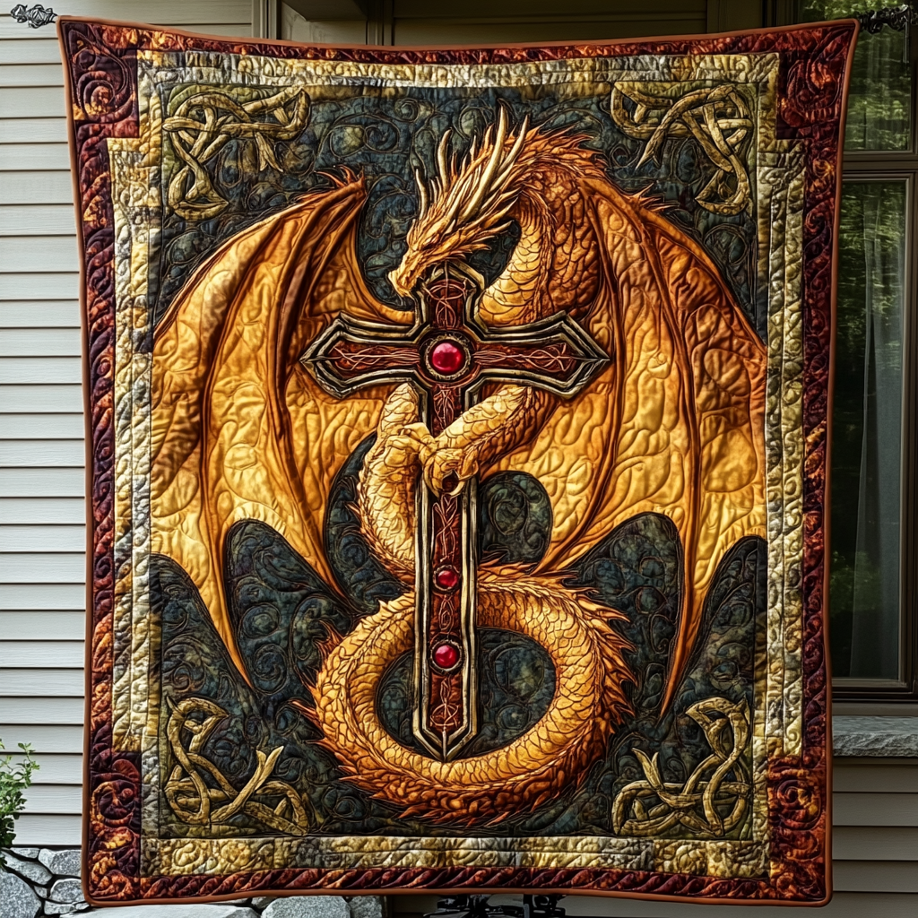 Golden Sentinel Quilted Blanket Unique Dragon Gifts