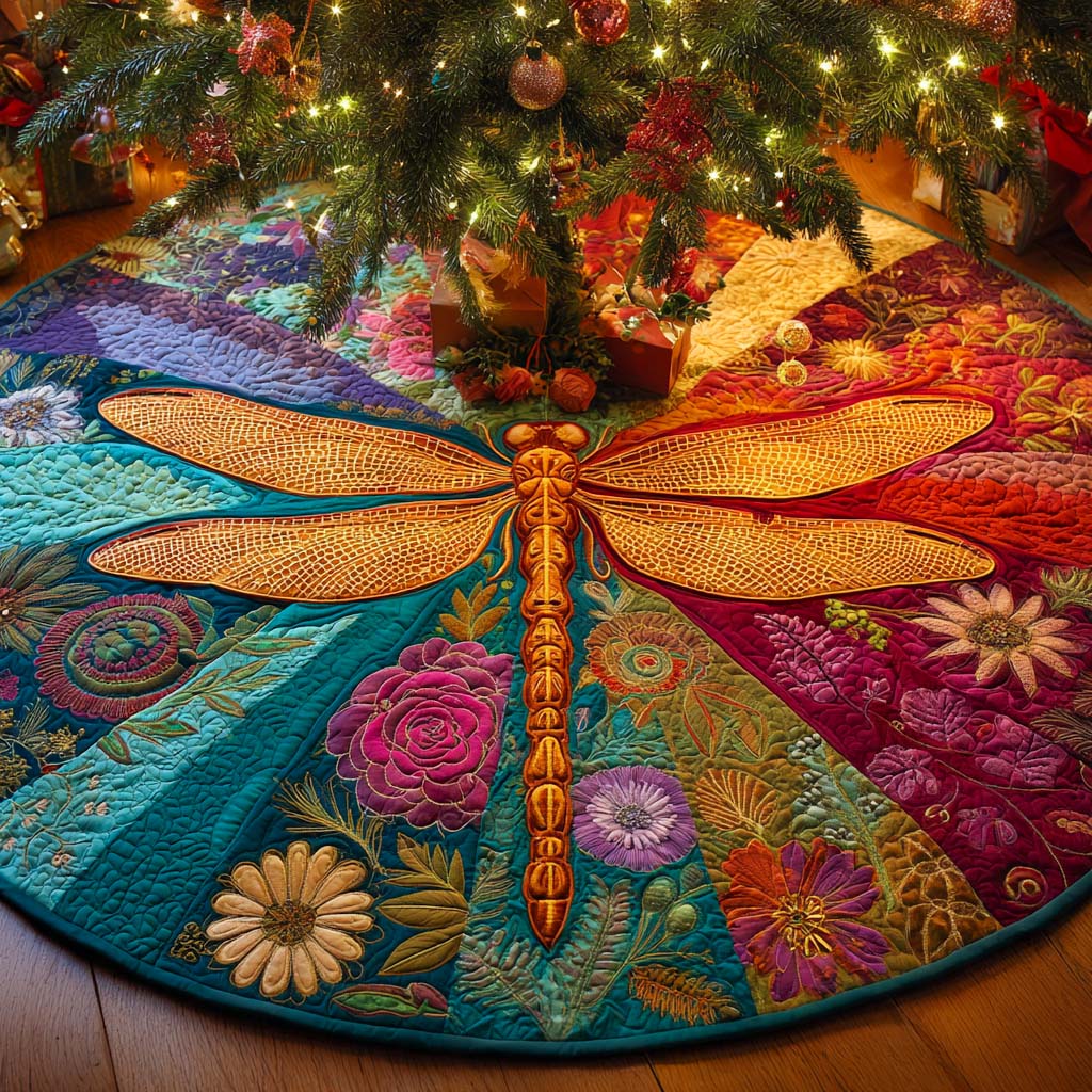 Golden Serenity Wings Quilted Tree Skirt Xmas Tree Bottom Cover Christmas Gifts For Dragonfly Lovers