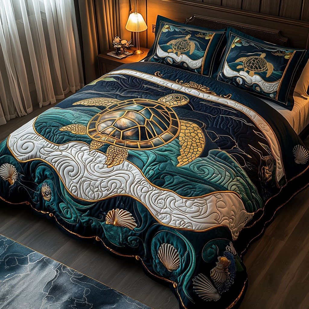 Golden Shell Serenity Quilted Bedding Set Bed Decorations Gift Ideas For Sea Turtle Lovers