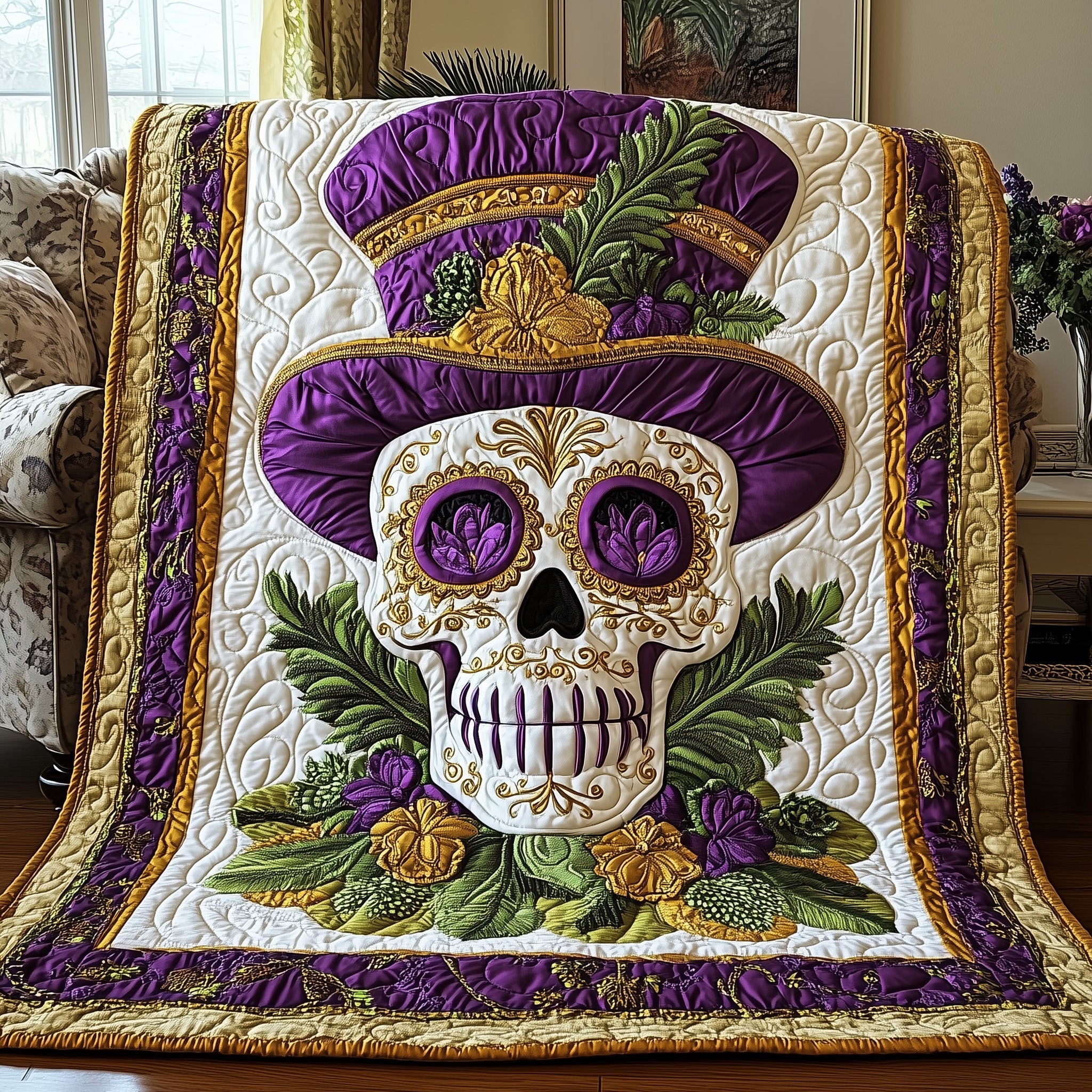 Golden Skull Majesty Quilted Blanket Sofa Throw BlanketCarnival Mardi Gras Gifts For Her