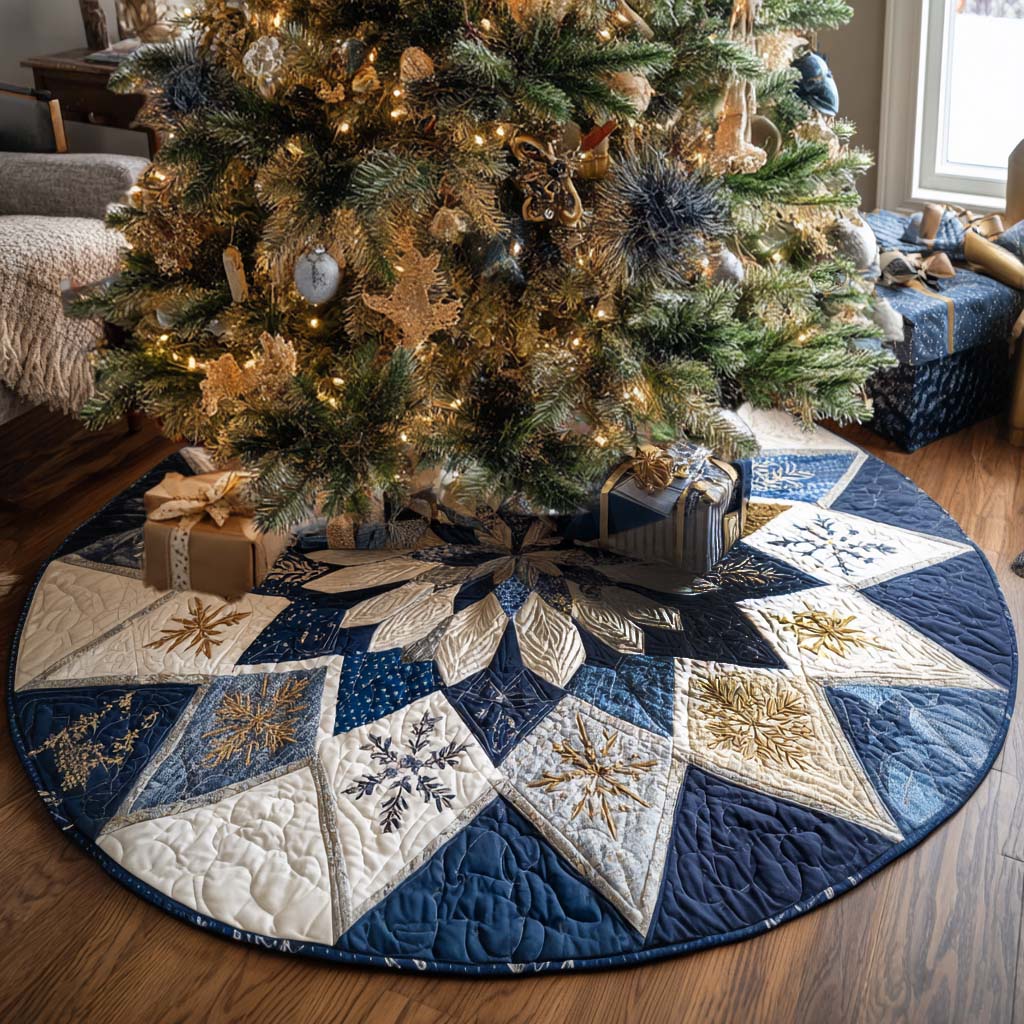 Golden Snowflake Christmas Quilted Tree Skirt Heartwarming Christmas Tree Skirt Gift for Loved Ones
