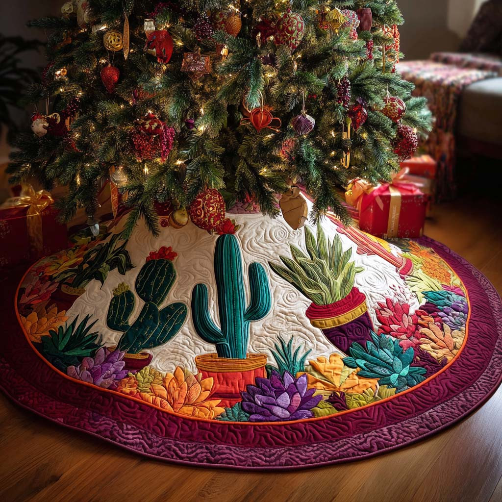 Golden Spikes Christmas Quilted Tree Skirt Cactus Pattern Christmas Gifts For Collectors