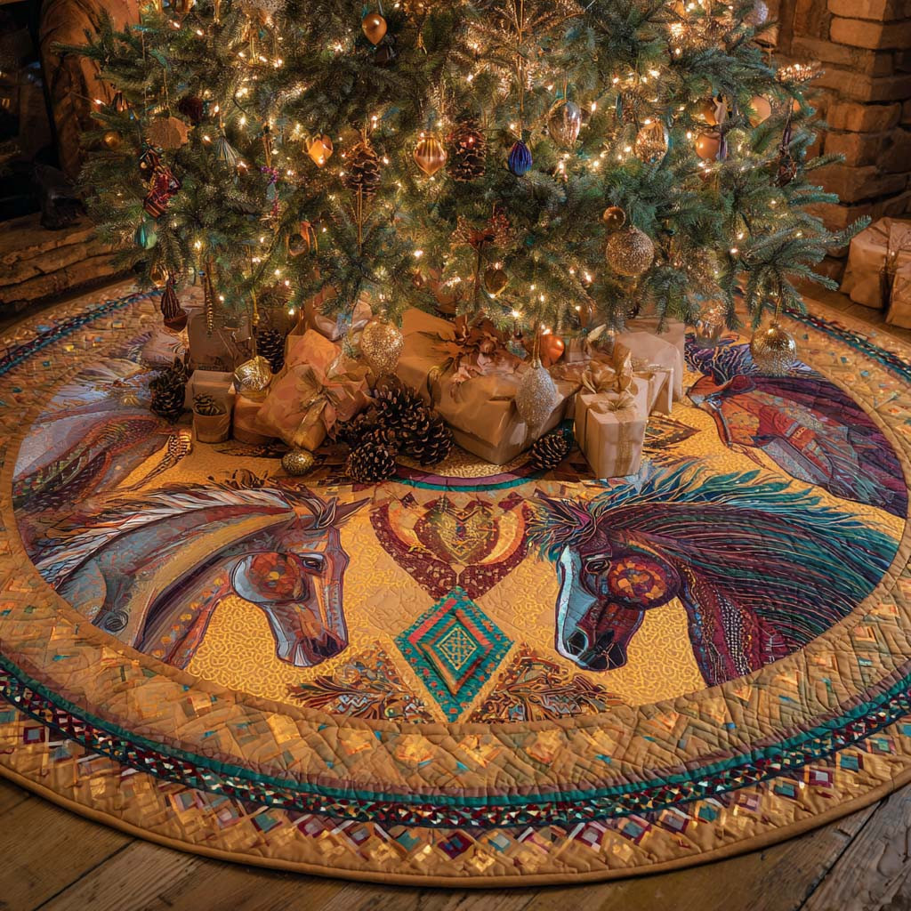 Golden Spirit Quilted Tree Skirt Animal Design Christmas Gifts For Horse Lovers
