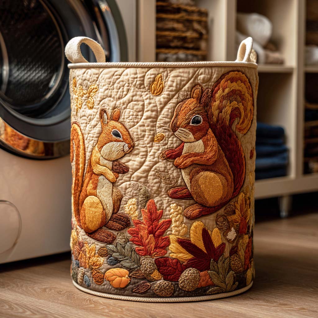 Golden Squirrel Quilted Laundry Basket Merch For Cozy Nights