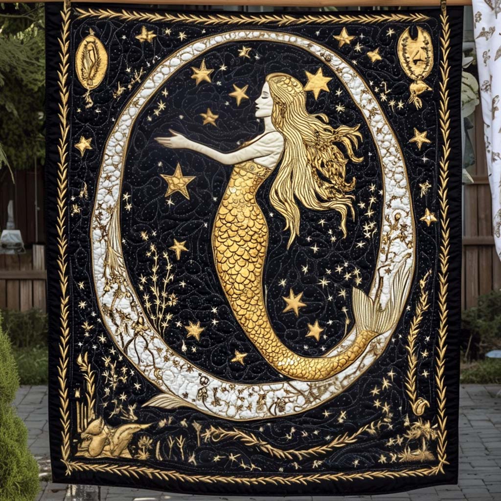 Golden Starry Mermaid Quilted Blanket For Christmas Gifts