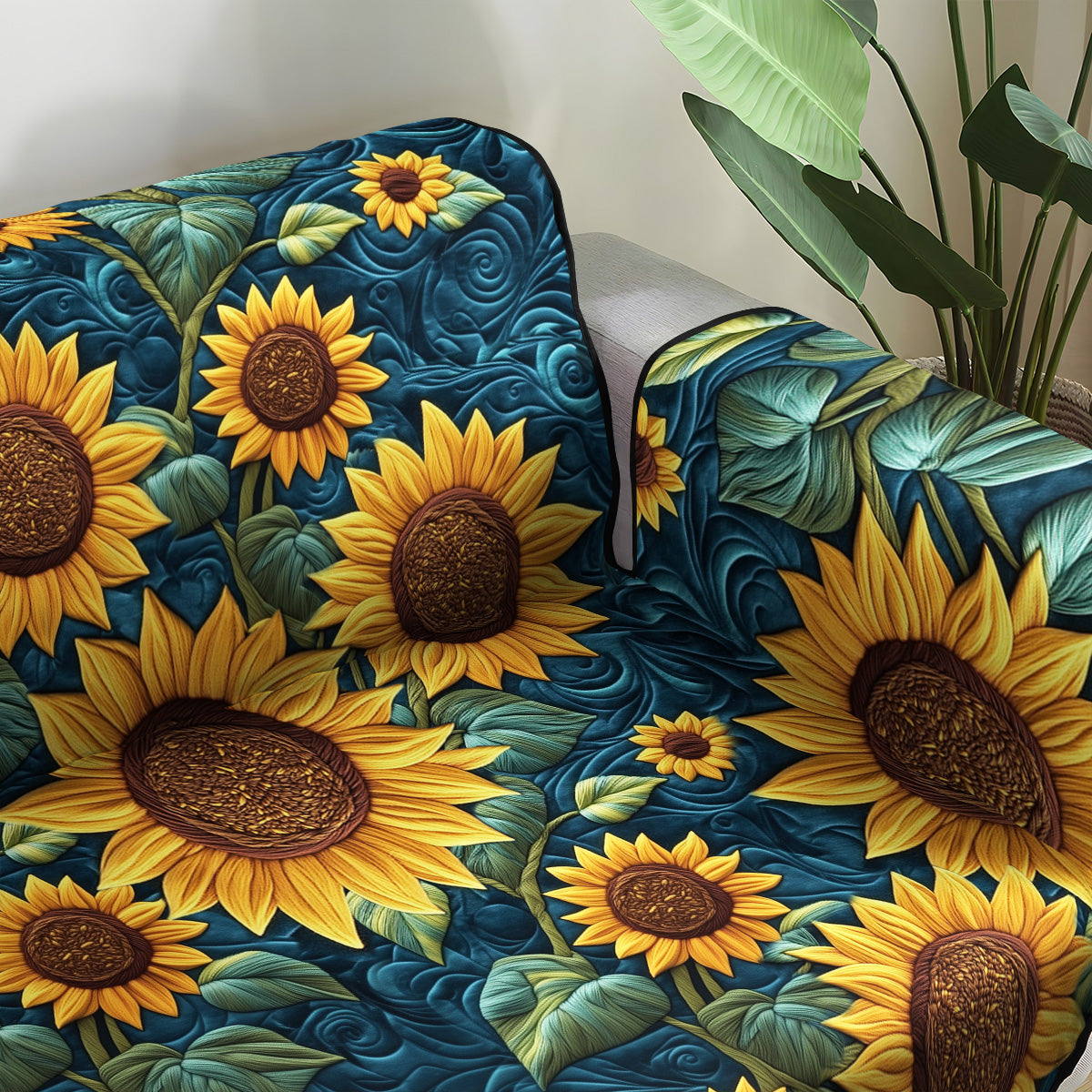 Golden Sunburst Quilted Sofa Cover Living Room Decor Sunflower Gift Items