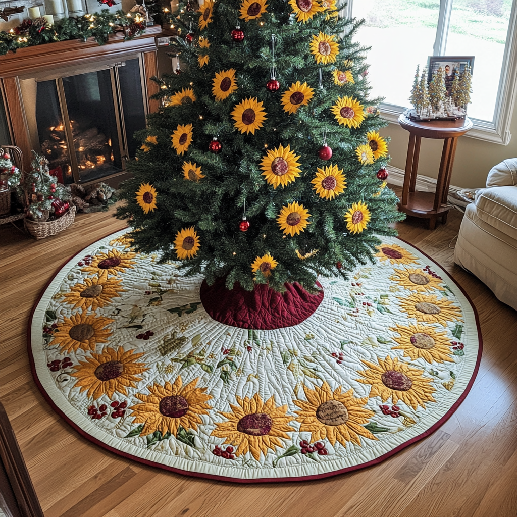 Golden Sunflower Christmas Quilted Tree Skirt Beautiful Quilted Tree Skirt for Christmas Decoration