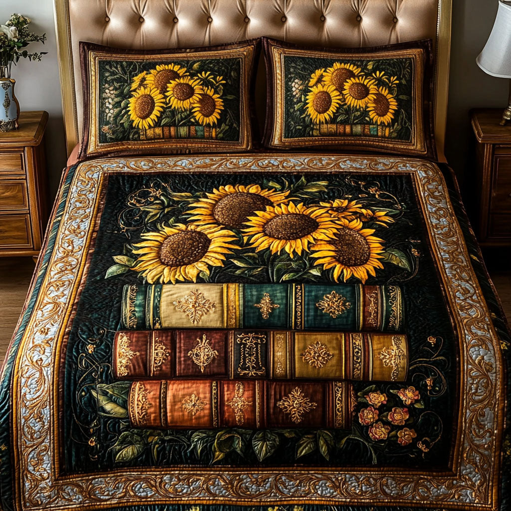 Golden Sunflower Elegance Quilted Bedding Set Christmas Duvet Sets Gift Ideas For Book Lovers