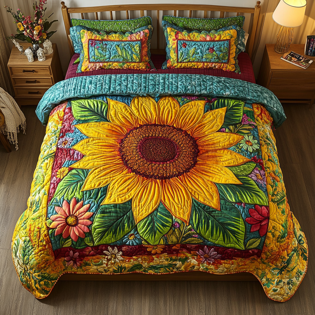 Golden Sunflower Elegance Quilted Bedding Set Luxury Bed Sheet Gift Set for Ultimate Comfort