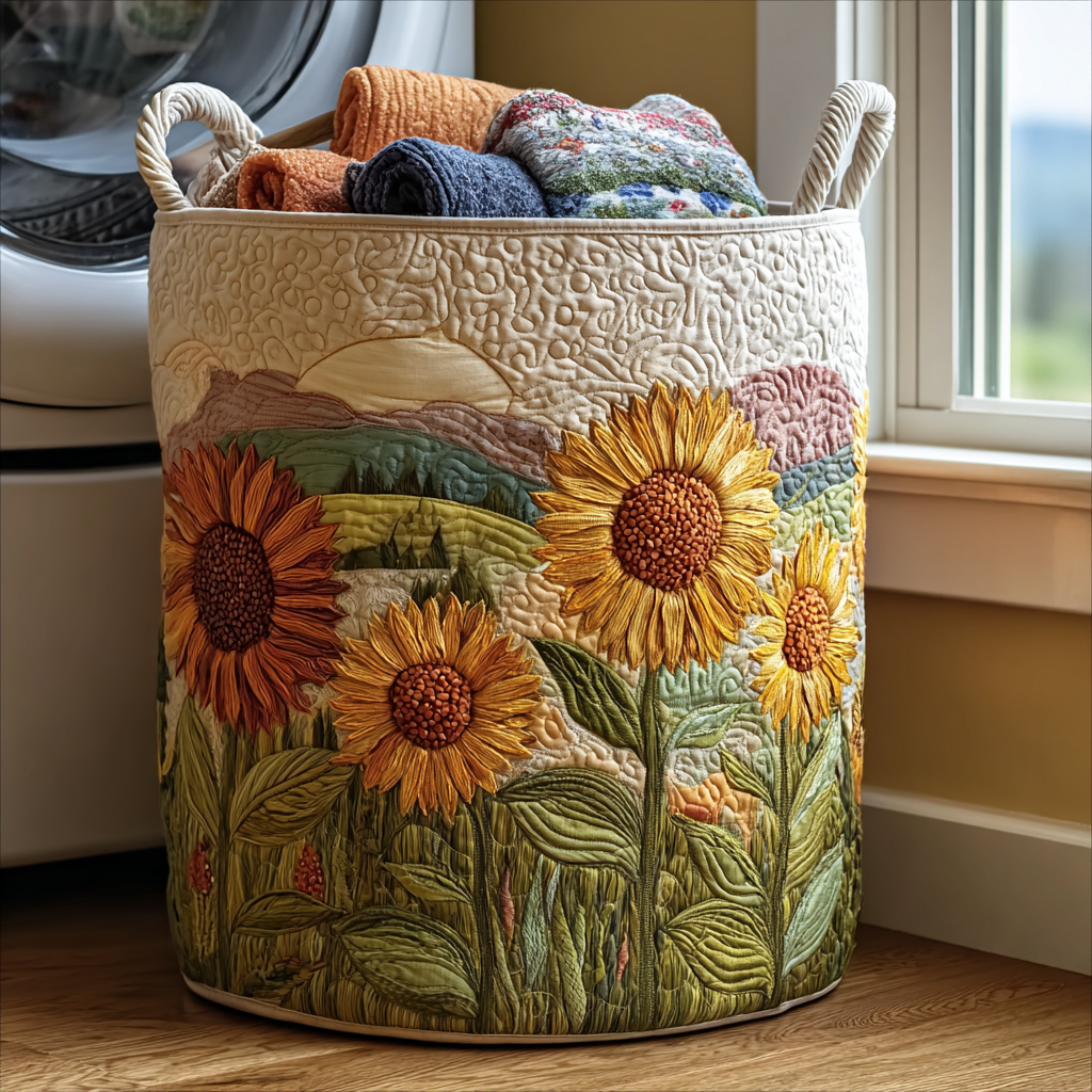 Golden Sunflower Quilted Laundry Basket Beautiful Quilted Laundry Organizer Gift for Couples