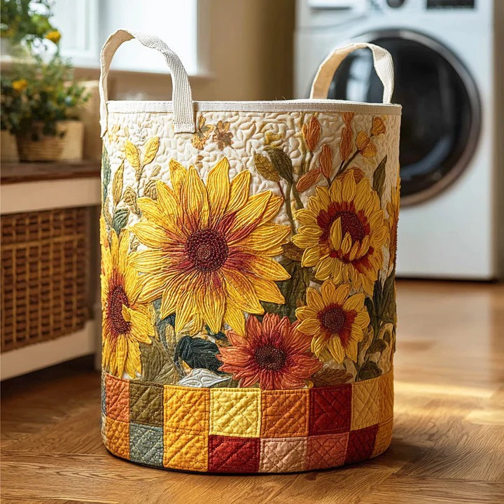Golden Sunflower Quilted Laundry Basket Bright Floral Home Storage Organizer Gift For Sunflower Lovers