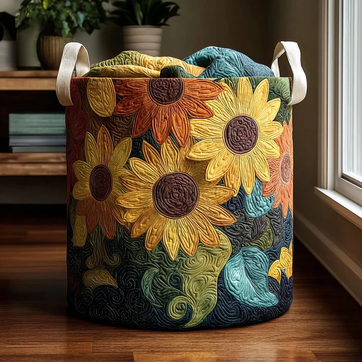 Golden Sunflowers Quilted Laundry Basket Bright Floral Home Organizer Best Gift For Sunflower Lovers