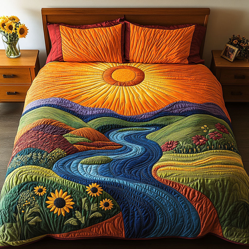 Golden Sunrise River Quilted Bedding Set Best Bed Sheet Set Sunflower Items For Gifts