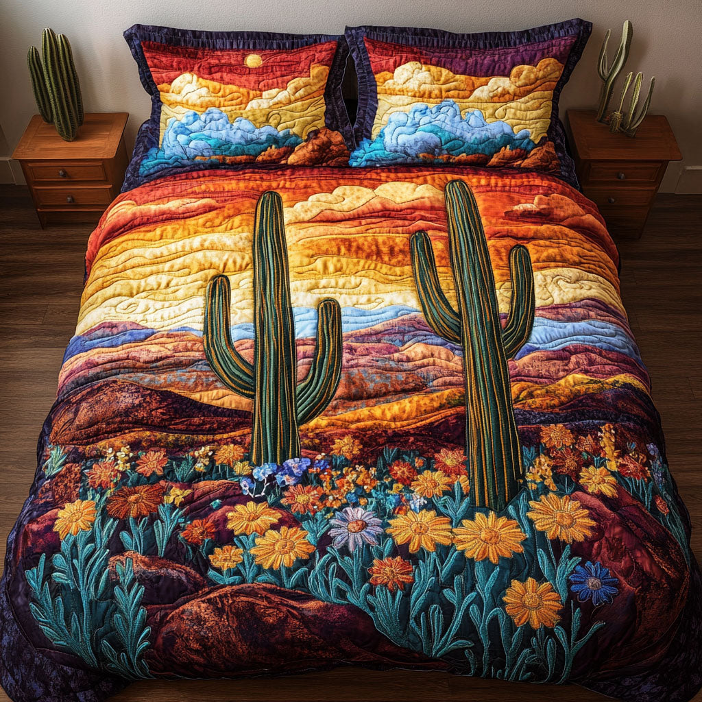 Golden Sunset Cactus Quilted Bedding Set Cool Bedroom Decor Cute Cactus Gifts