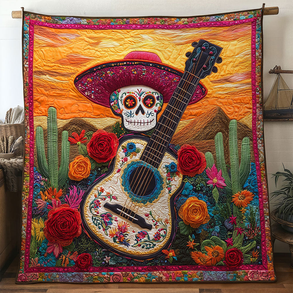 Golden Sunset Guitar Quilt Luxury Quilt Blanket for Elegant Home Decor