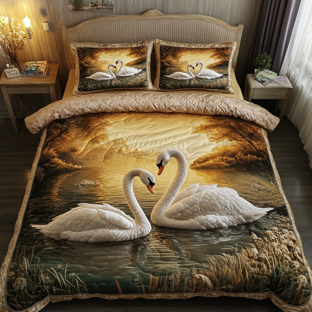 Golden Swan Quilted Bedding Set Christmas Duvet Cover Swan Gifts For Her