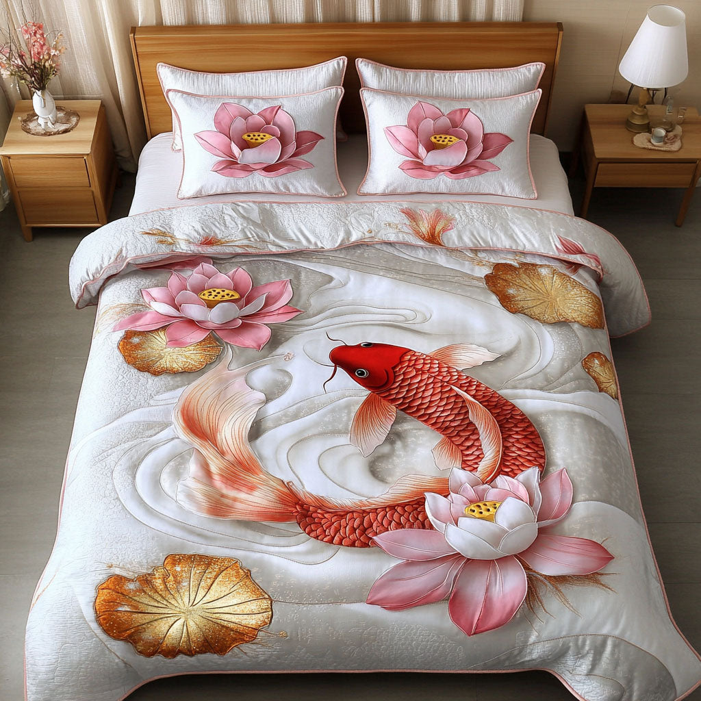 Golden Swim Quilted Bedding Set Bed Decorations Koi Fish Merchandise Items