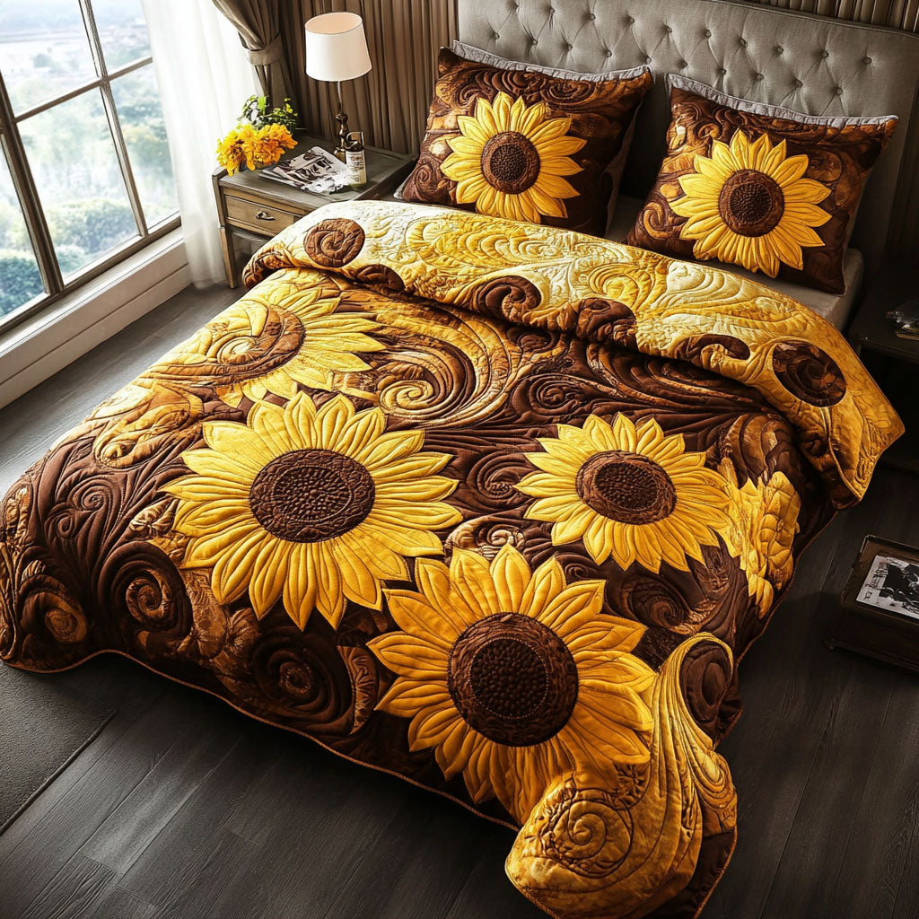 Golden Swirls Quilted Bedding Set Bed Decorations Sunflower Gift Items