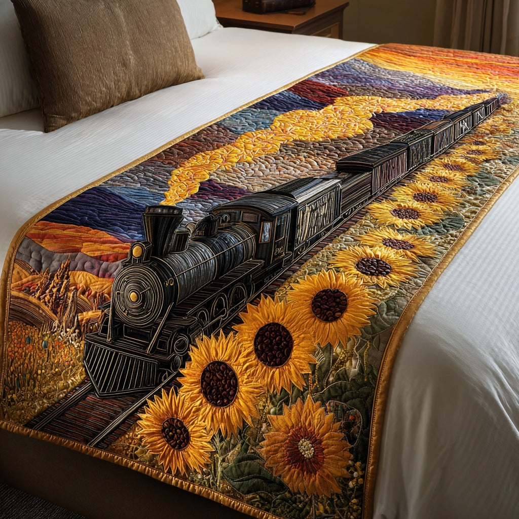 Golden Tracks Quilted Bed Runner Bedroom Decorations Gifts For Train Enthusiasts