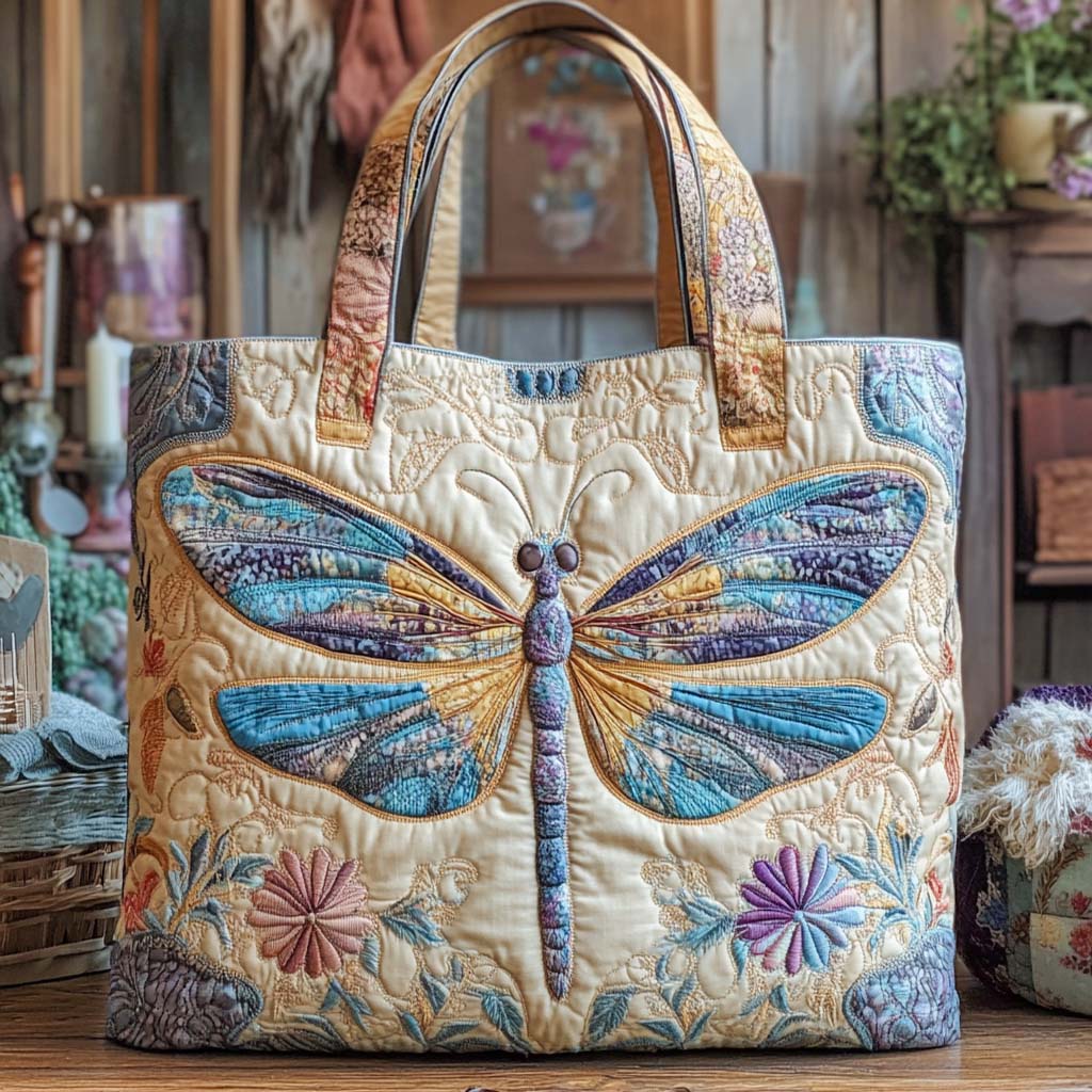 Golden Tranquility Quilted Tote Bag Dragonfly Gift Ideas