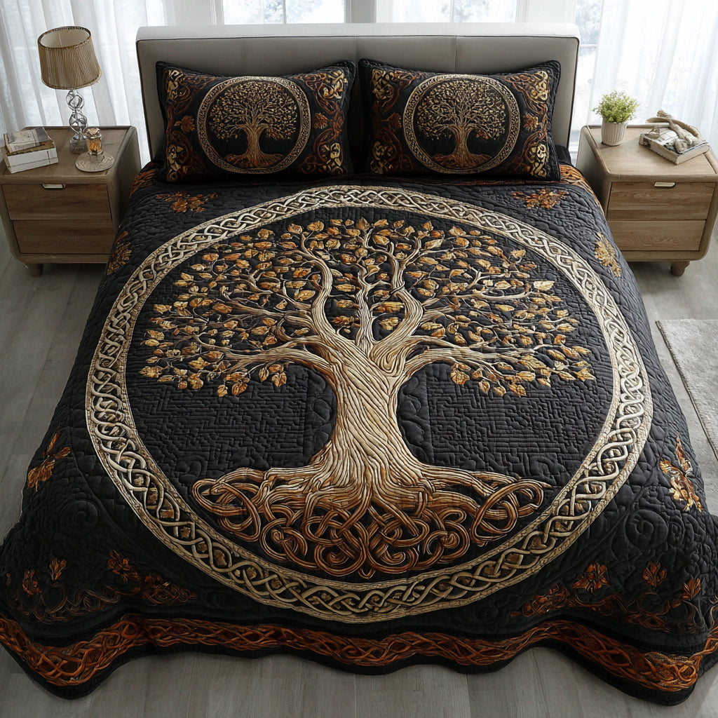 Golden Tree Of Life Quilted Bedding Set Trendy Bedding Merch for Modern Homes