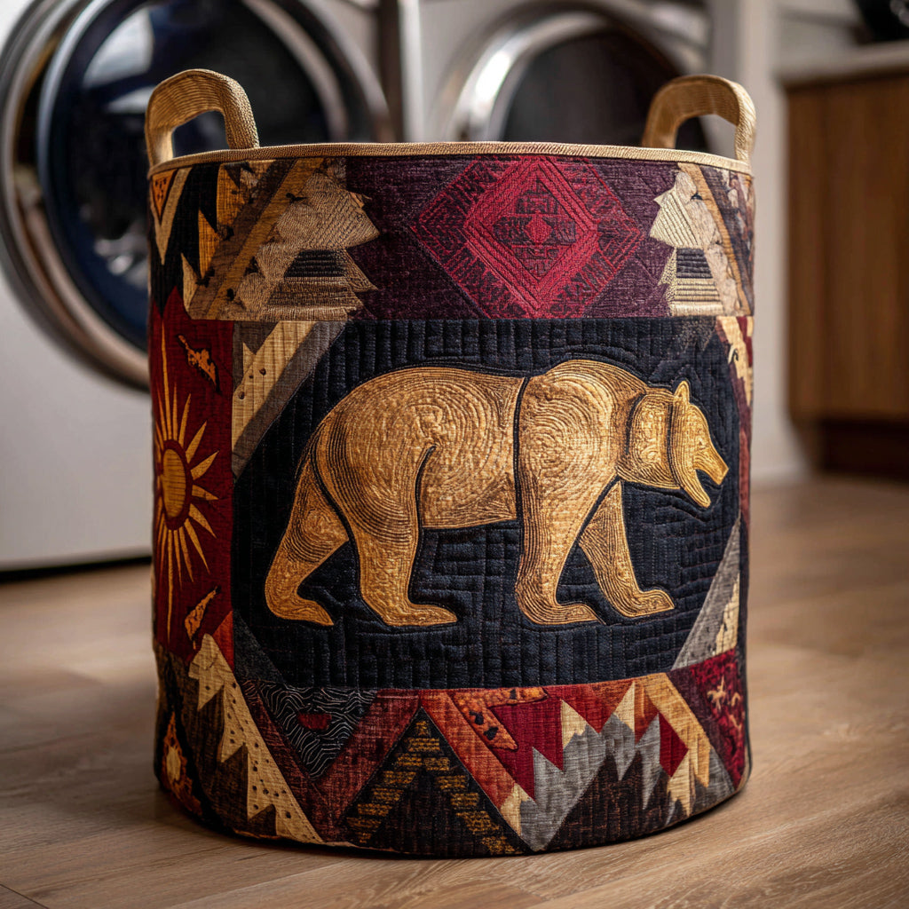 Golden Tribal Bear Quilted Laundry Basket Best Quilted Laundry Basket Gift for Friends and Family