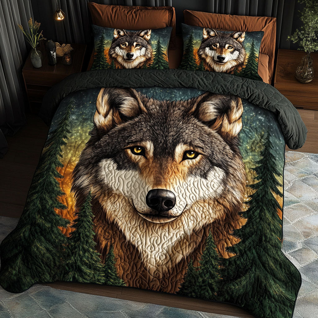 Golden Twilight Quilted Bedding Set Best Christmas Duvet Cover Set Unique Gifts For Wolf Lovers