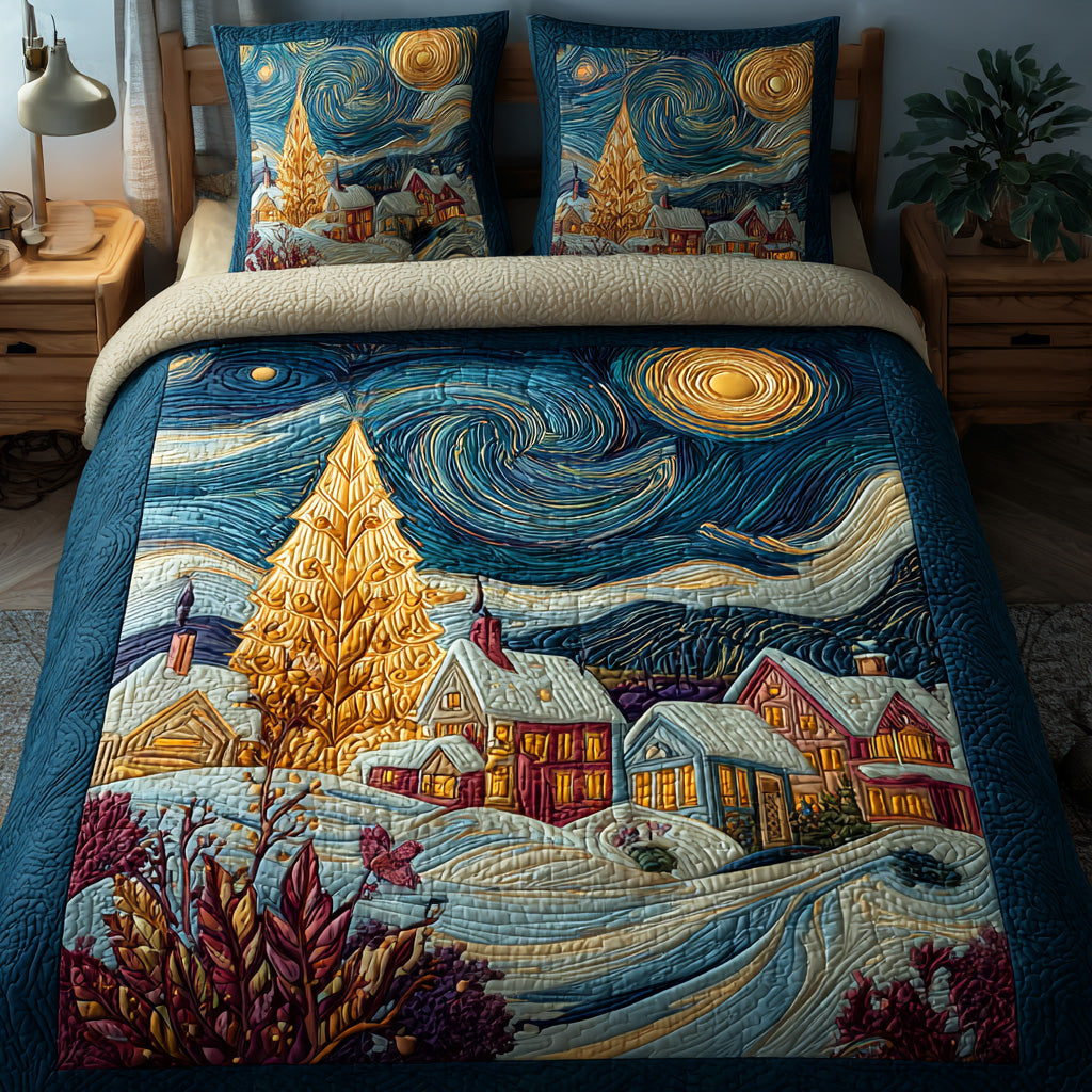 Golden Village Night Quilted Bedding Set Queen Size Comforter Nature Inspired Gift For Sister