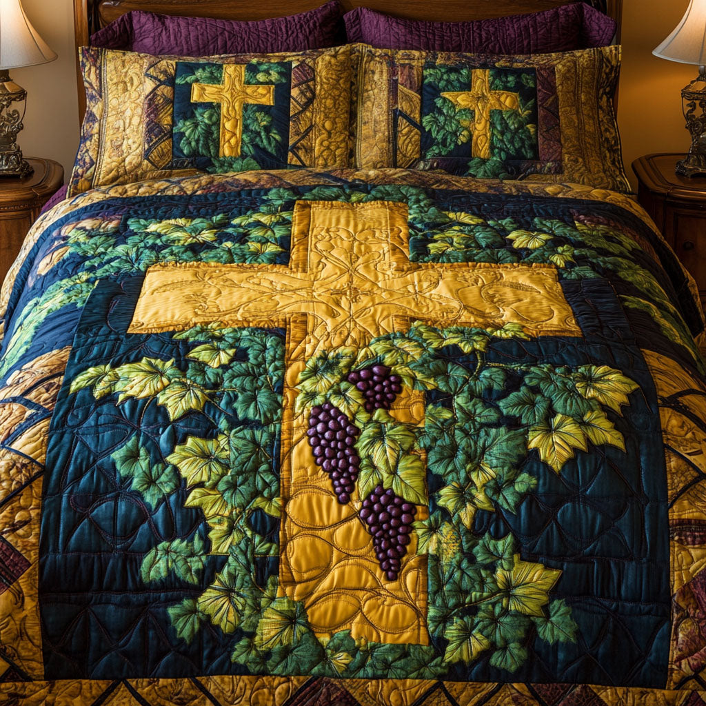 Golden Vine Cross Quilted Bedding Set Bedroom Decor Christian Gift Idea