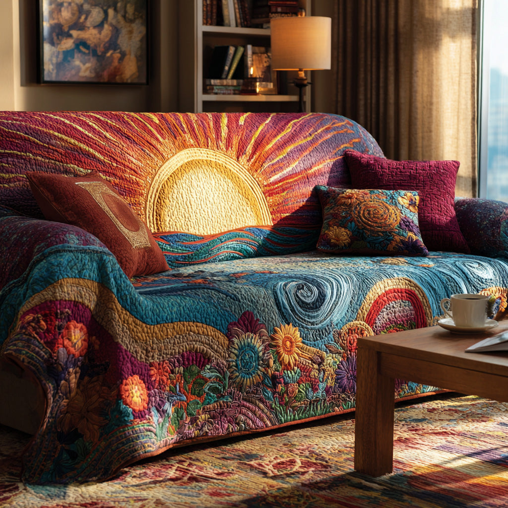 Golden Wave Sunrise Quilted Sofa Cover Holiday Living Room Decor Unique Gifts For Family