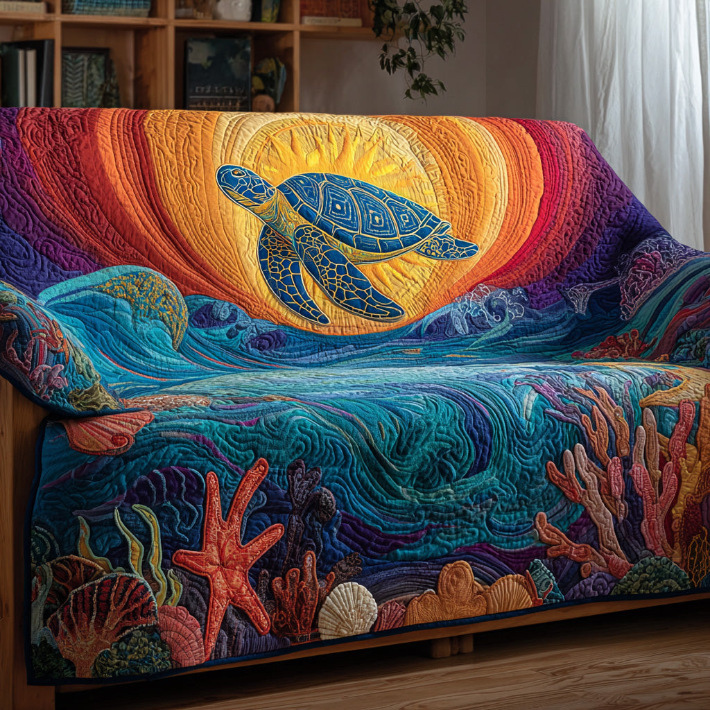 Golden Wave Turtle Quilted Sofa Cover Holiday Living Room Decor Sea Turtle Christmas Gifts