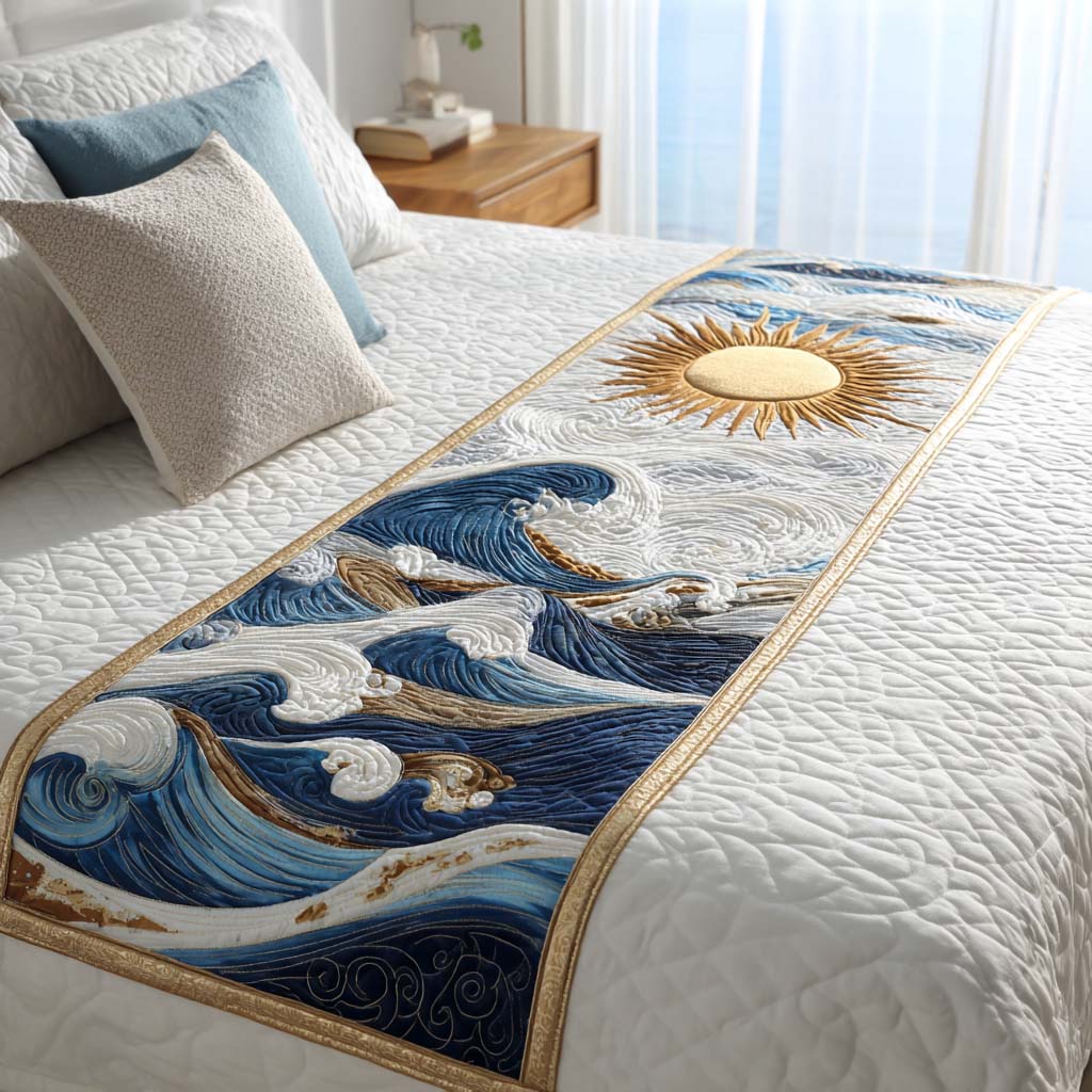 Golden Waves Quilted Bed Runner Bed Decorations Presents For Ocean Lovers