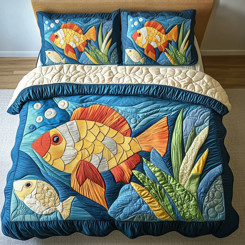 Golden Waves Quilted Bedding Set Bedroom Decor Gifts For Fish Enthusiasts