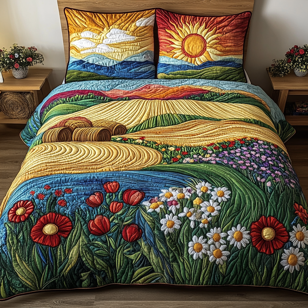 Golden Wheat Quilted Bedding Set Farmhouse Bed Decor Great Family Gifts