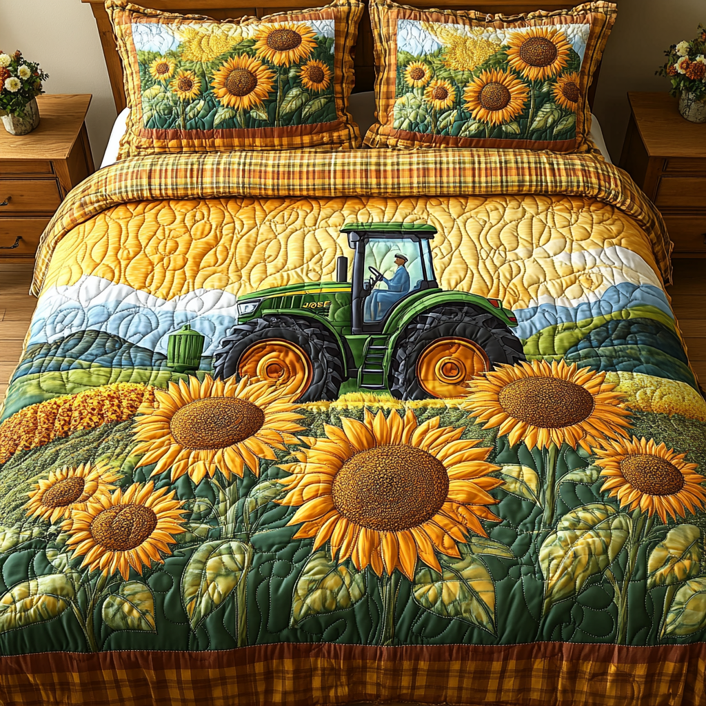 Golden Wheels Quilted Bedding Set Unique Bed Sheet Set Farmall Christmas Gifts Tractor
