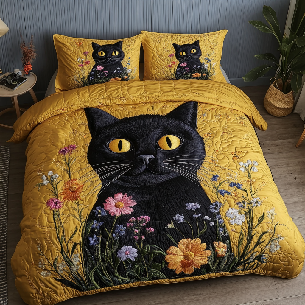 Golden Whiskers Quilted Bedding Set Cute Bedroom Decor Best Cat Christmas Gifts