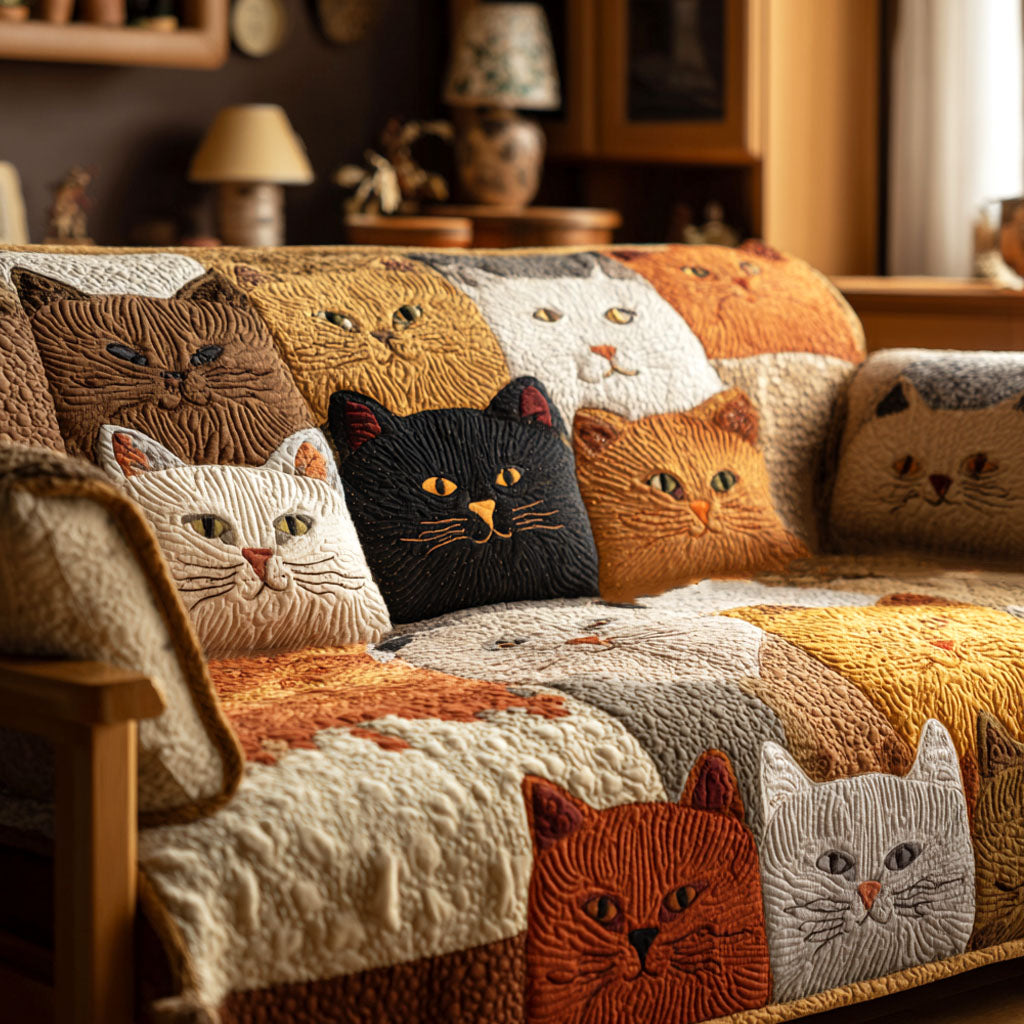 Golden Whiskers Quilted Sofa Cover Living Room Decor Cat Christmas Gifts