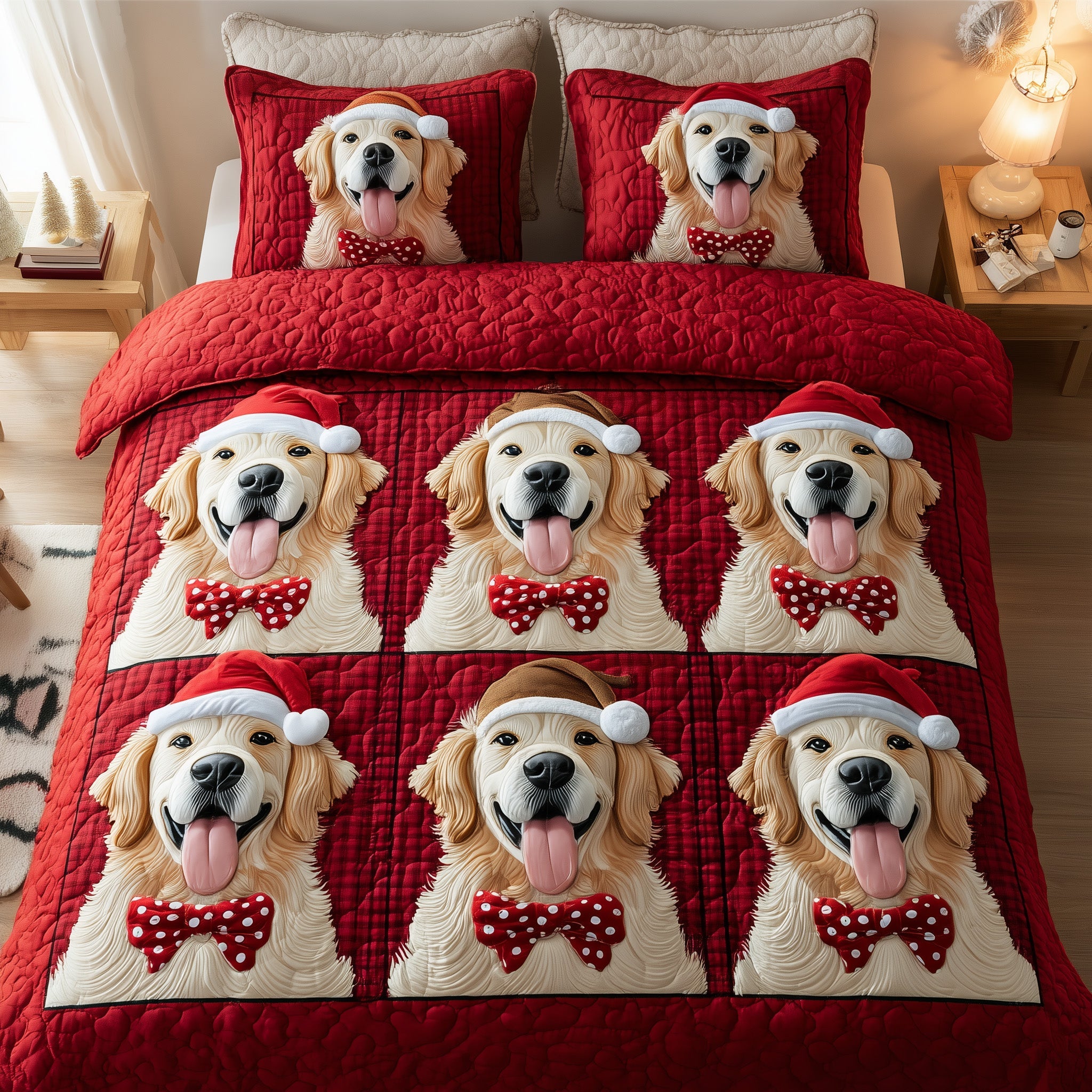 Golden Xmas Quilted Bedding Set Soft And Smooth