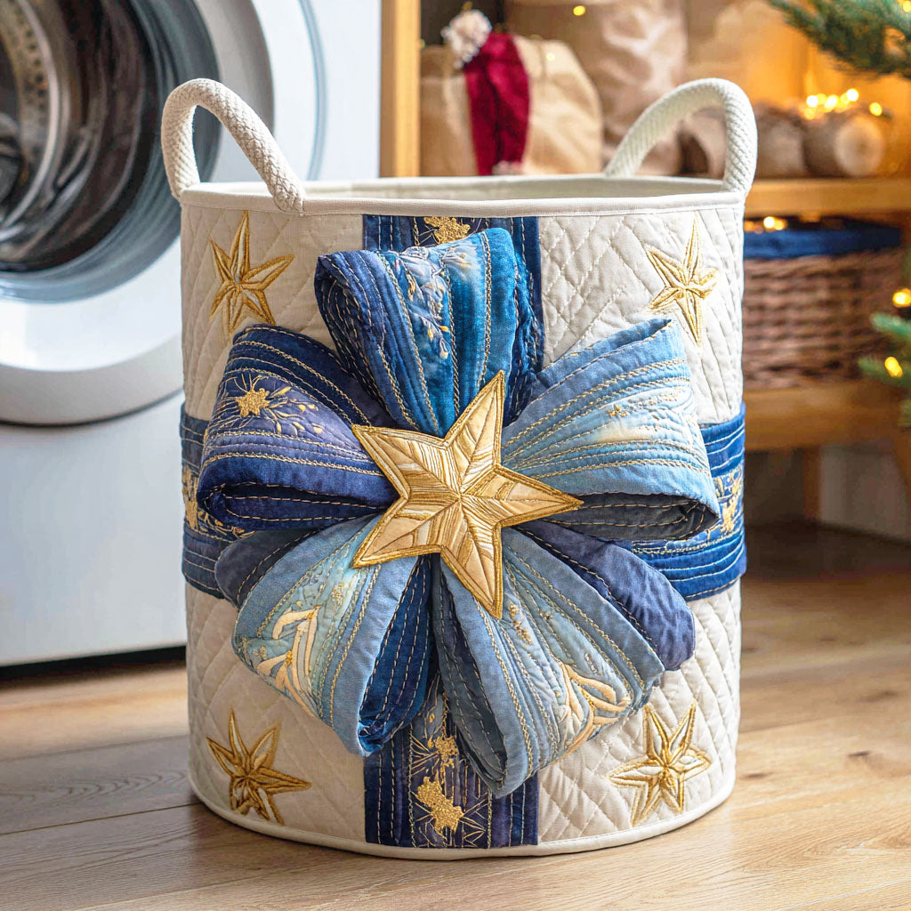 Golden Yuletide Bow Quilted Laundry Basket High-Quality Quilted Laundry Hamper for Family Use